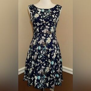 Navy Blue Floral Pleated Sleeveless ModCloth Skater Dress by Yellow Star NEW